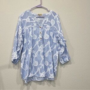 Democracy Nautical Coastal Embroidered Ruffle  Blouse Size 2X